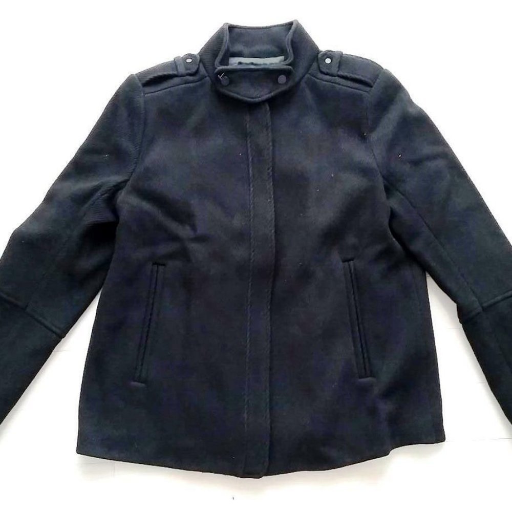 VINCE. Black WOOL Twill BLACK PLEAT ZIP Coat